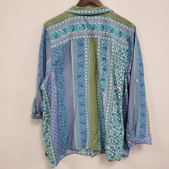 Fred David Womens Button Up Patchwork Top Size 3X Blue Bohemian Floral Artsy - Picture 3 of 10